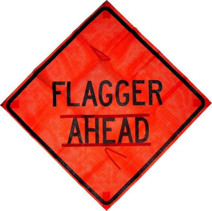 (W20-7) Flagger Ahead (words) 48"x48" Roll up Sign (Mesh)